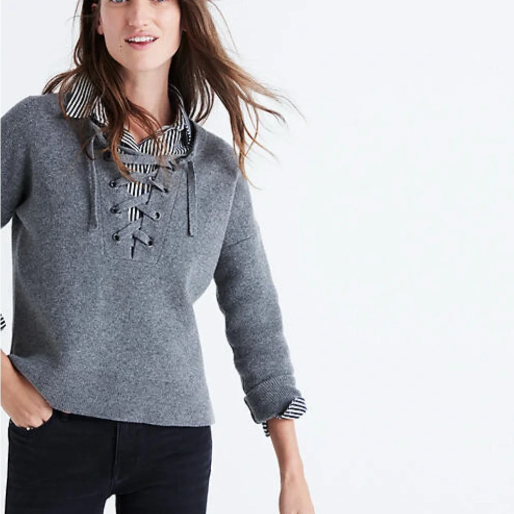 Madewell Lace Up Pullover Grey Sweater Size Small 100% Merino Wool Size M - Picture 8 of 8